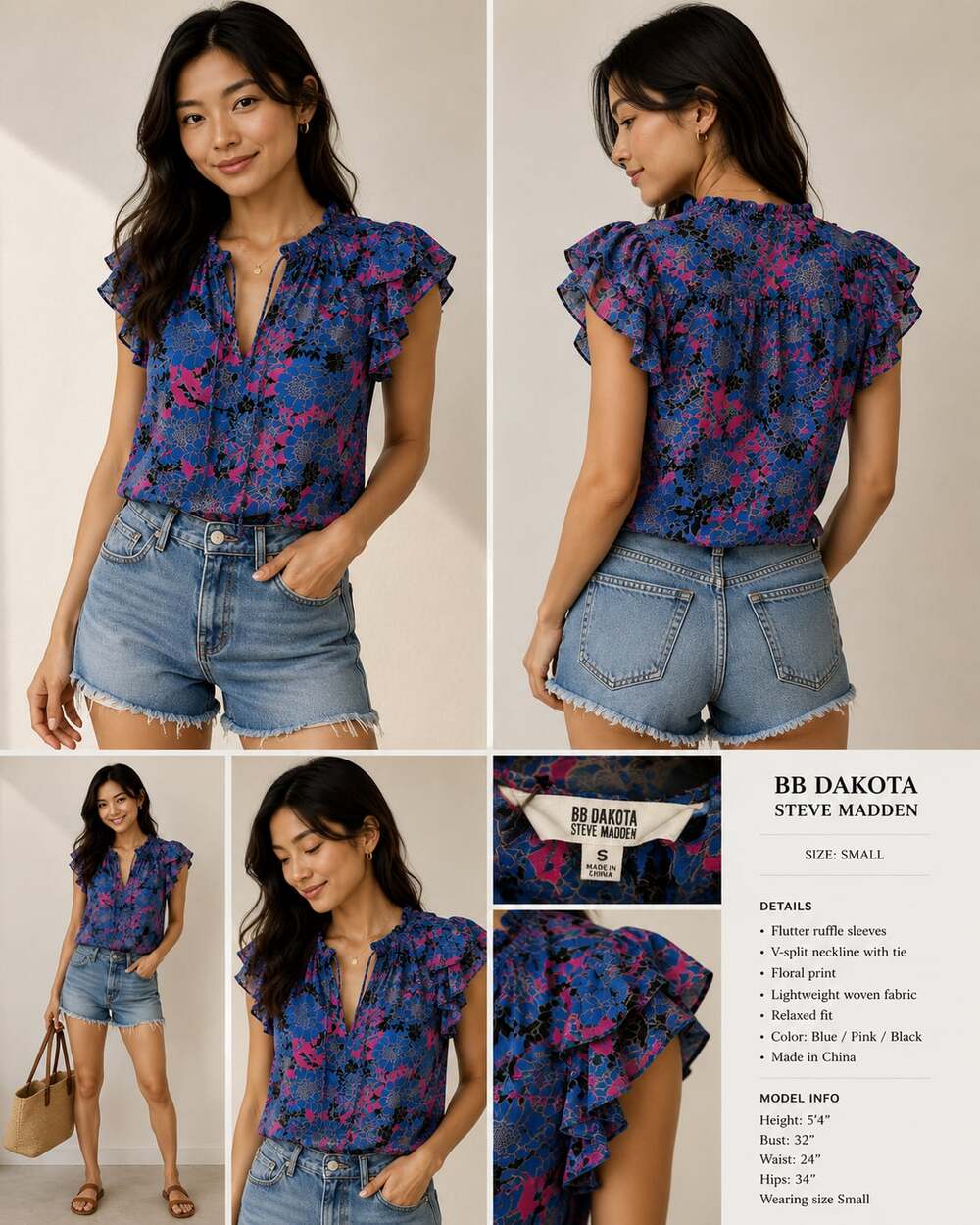 BB Dakota Steve Madden Womens S Blue Pink Floral Ruffle Flutter Sleeve Blouse